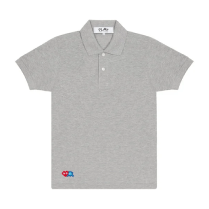 CDG Grey Play Polo Red Invader Heart and Blue Emblem