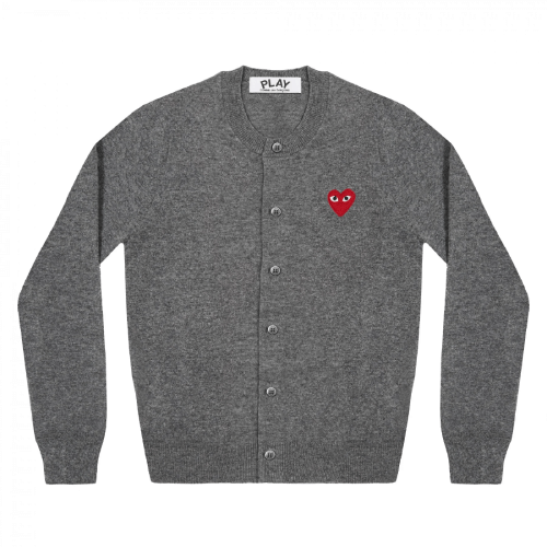 CDG PLAY Grey Round Neck Cardigan Red Emblem