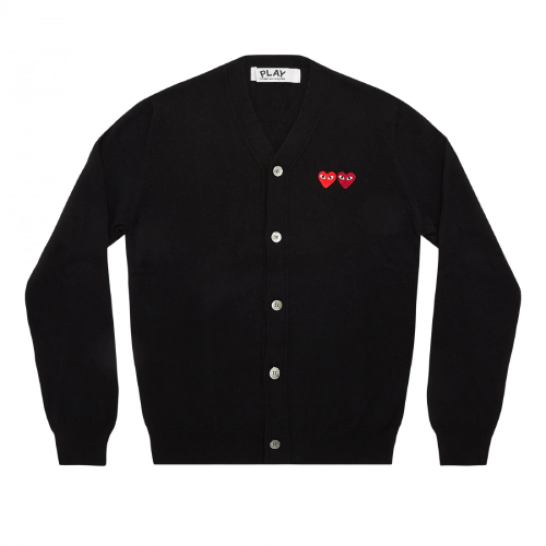 CDG PLAY V-Neck Cardigan Black with Double Emblems