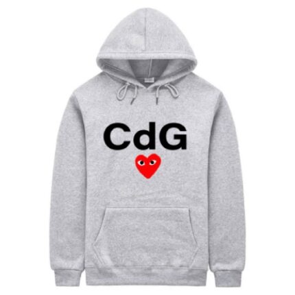 CDG Red Heart Front Print Hoodie Grey